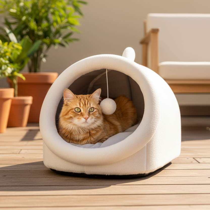 Lit grotte pour chat avec oreilles design cartoon pliable et coussin amovible lavable Auralis