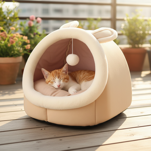 Lit grotte pour chat avec oreilles design cartoon pliable et coussin amovible lavable Auralis