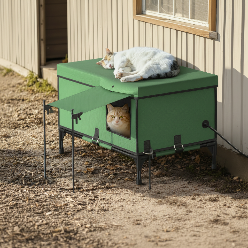 Abri chat chauffant électrique grand espace isolé imperméable pliable avec parasol Auralis