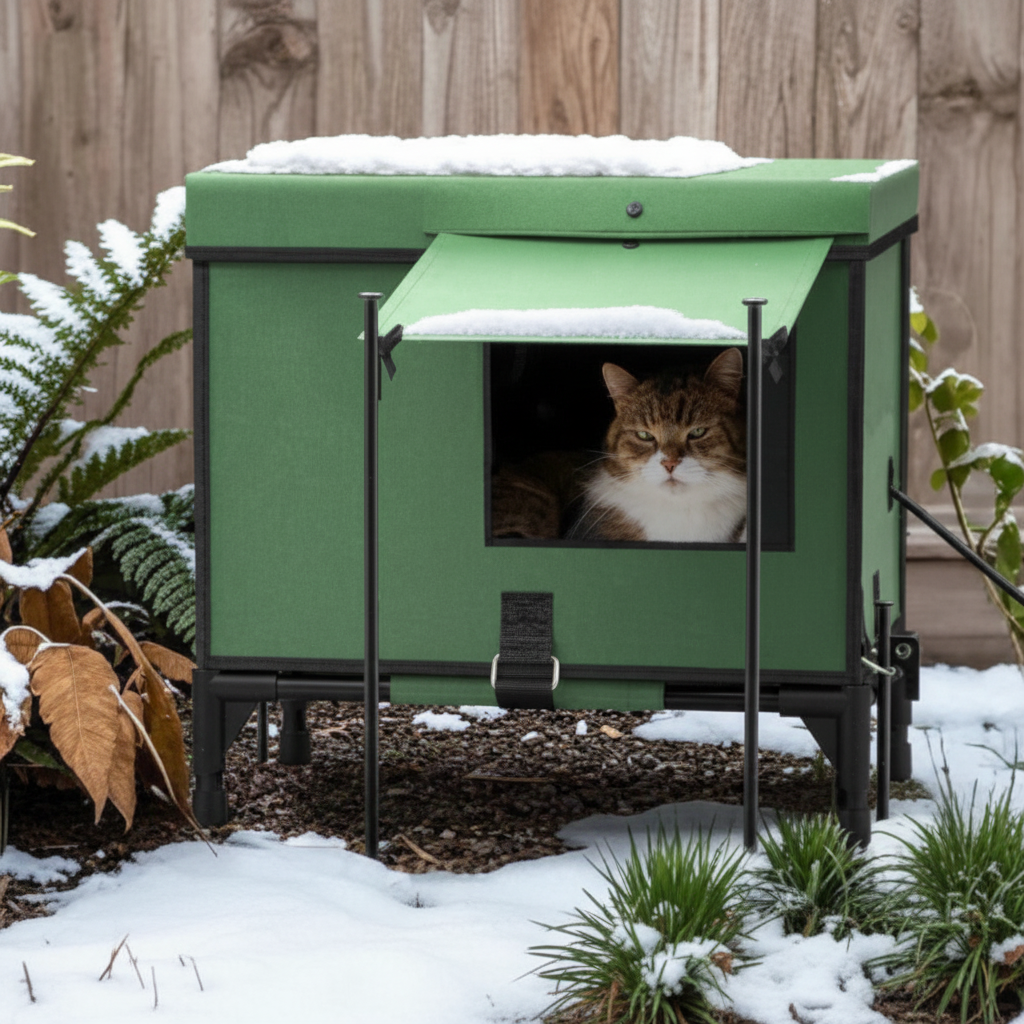 Abri chat chauffant électrique grand espace isolé imperméable pliable avec parasol Auralis