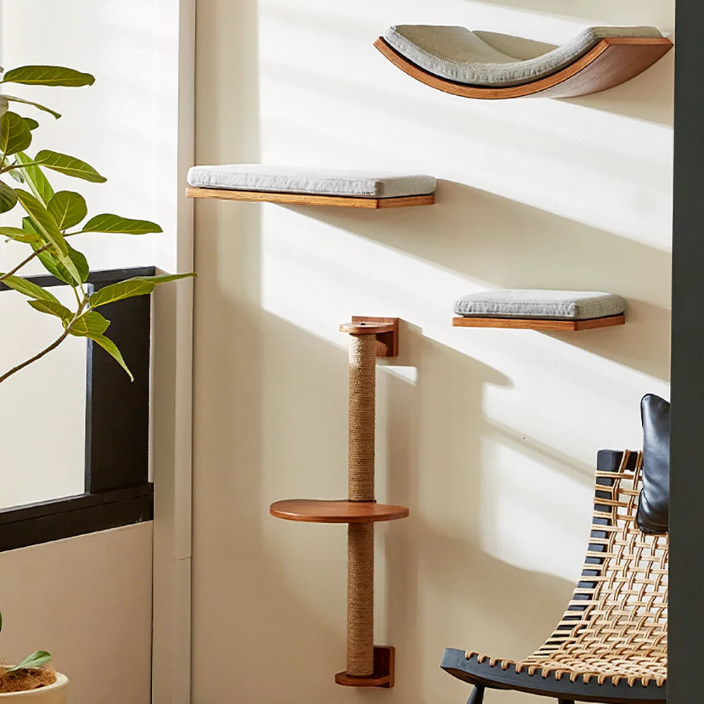 Wall Mounted Cat Tree Wooden Shelves Scratching Posts Climbing Cat tower Hammock With Solid Floating Perches Steps and Ladder Auralis