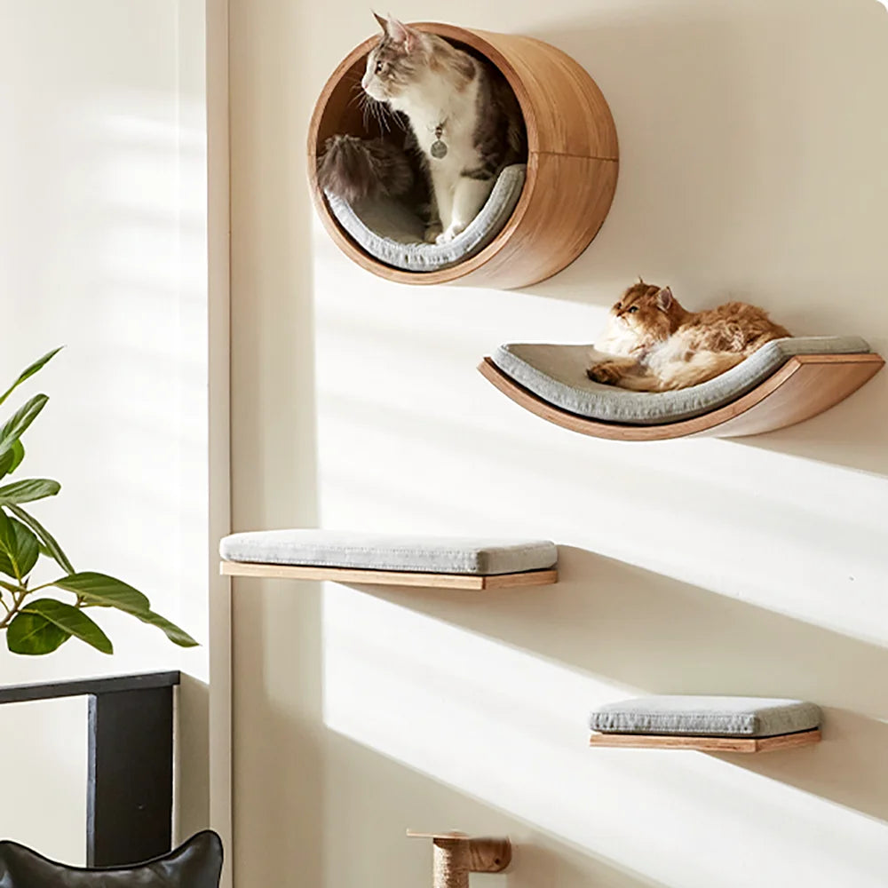 Wall Mounted Cat Tree Wooden Shelves Scratching Posts Climbing Cat tower Hammock With Solid Floating Perches Steps and Ladder Auralis