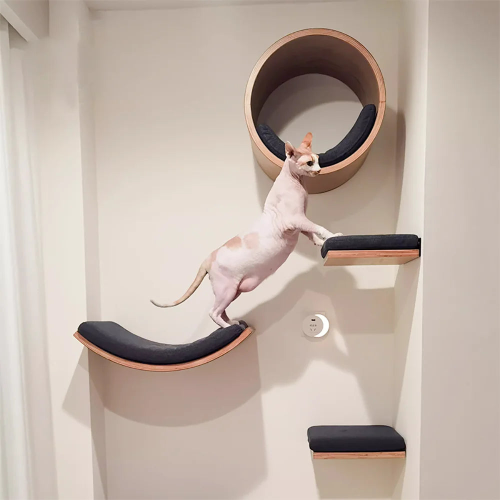 Wall Mounted Cat Tree Wooden Shelves Scratching Posts Climbing Cat tower Hammock With Solid Floating Perches Steps and Ladder Auralis