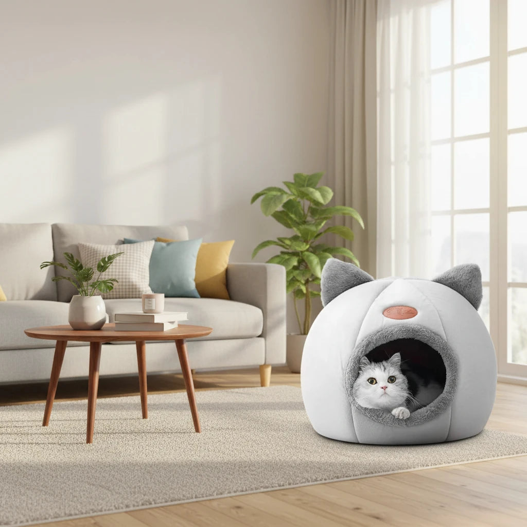 Cat Head Shape Cute And Comfortable Warm Cat House Safe Sleep Cave Non-Slip Semi-Closed Design Four Seasons Universal Cat Nest Auralis