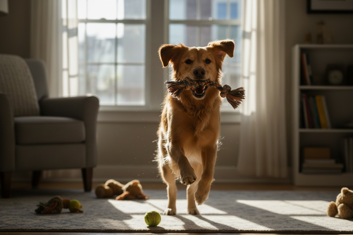 image de couverture d'un chien qui s'amuse avec un jouet dans la maison. il doit être très heureux, réaliste, pas fictif...